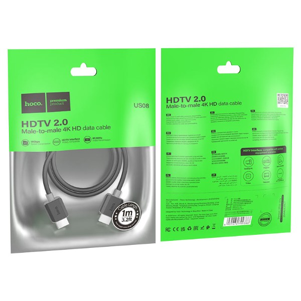Фото - Кабель HDMI HOCO US08 HDTV 2.0 male-to-male 4K HD data cable(L=1M) Black (6931474799388)